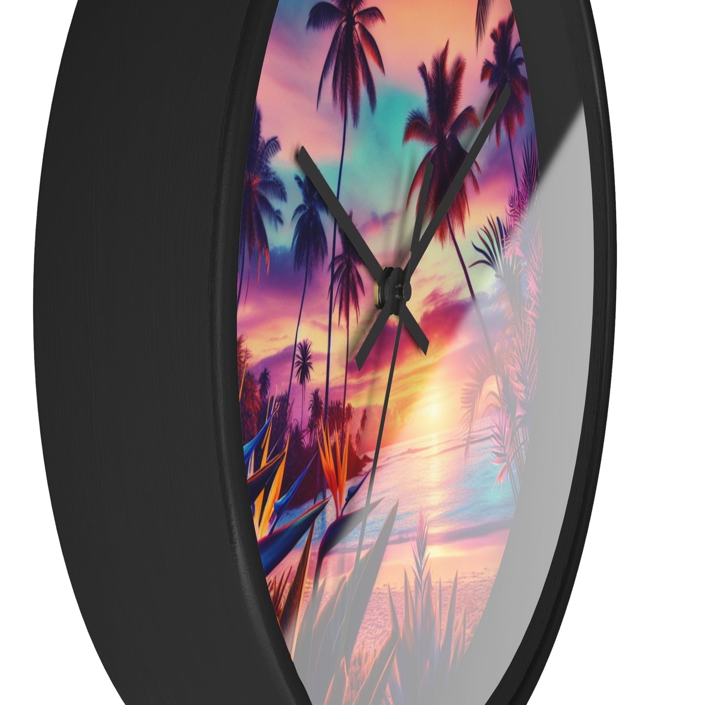 "Paradise Dusk: A Tropical Serenade" - Tropical Beach at Sunset 10" Wall Art Clock