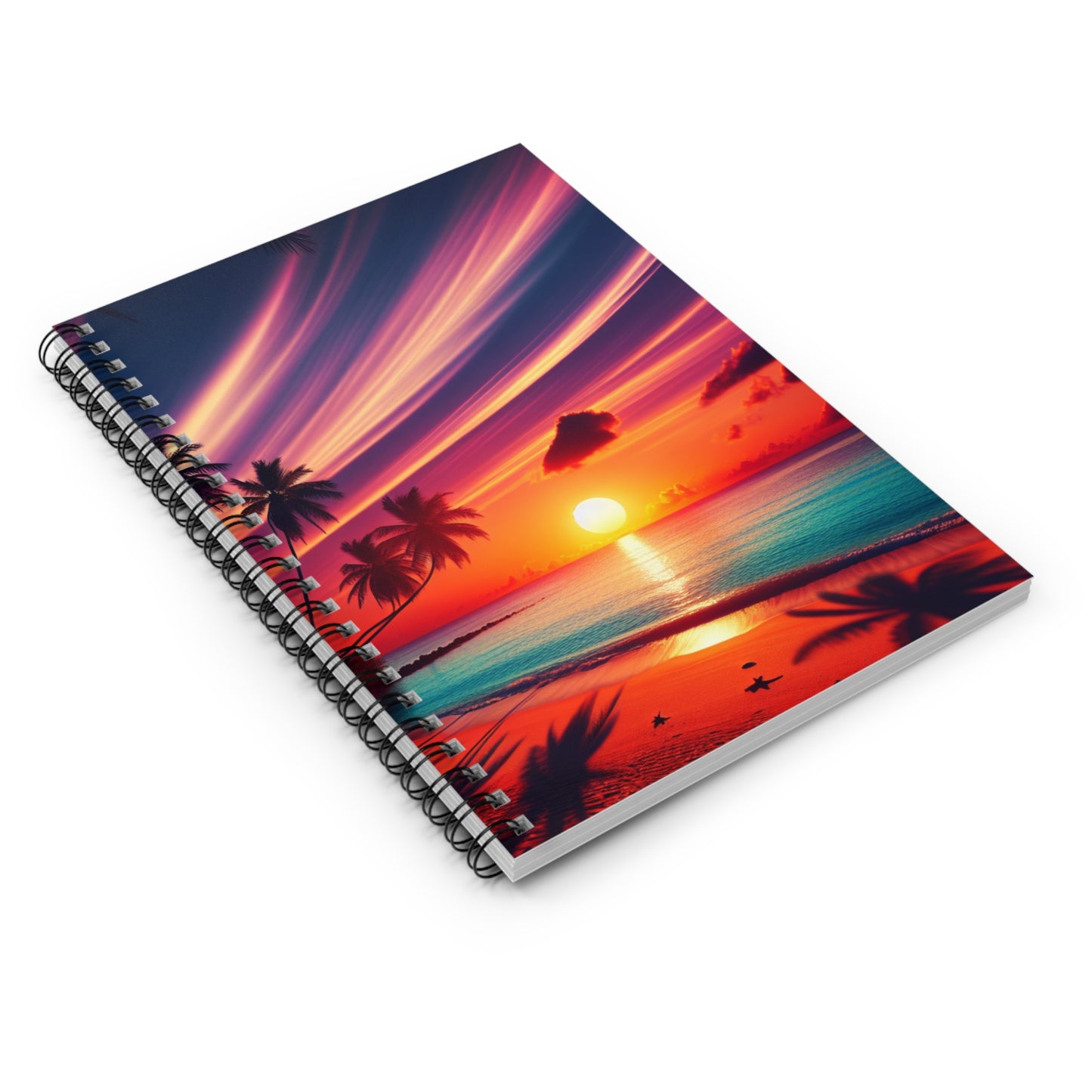 "Tropical Oasis: Sundown Serenity" - Spiral Notebook with Ruled Lines and Tropical Beach Sunset Palm Trees Art