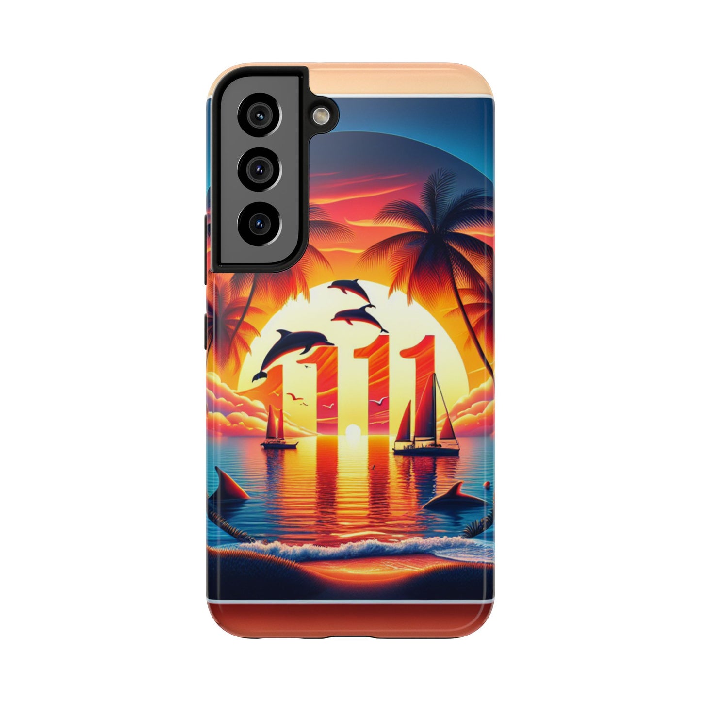 Samsung Galaxy S24 S23 S22 S21 Tough Phone Case "Serene Sundown: A Tropical Tapestry" - 1111 Tropical Beach Palm Trees, Dolphins, and Sailboats Art