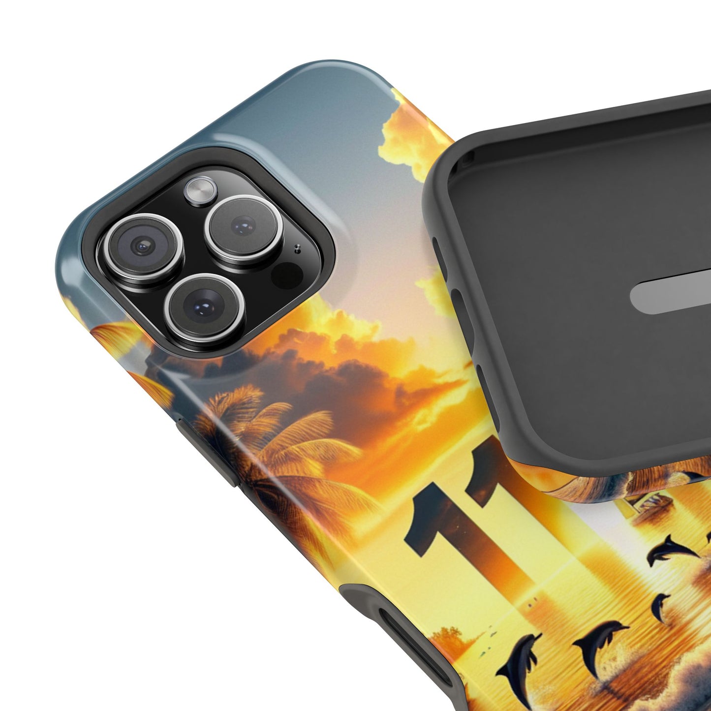 Magnetic Iphone 16 15 14 13 Pro and Max 1111 "Paradise Sunset: An Enchanted Tropical Reverie" - Tough Phone Case with Tropical Beach Sunset Dolphins ande Sailboats HD Art