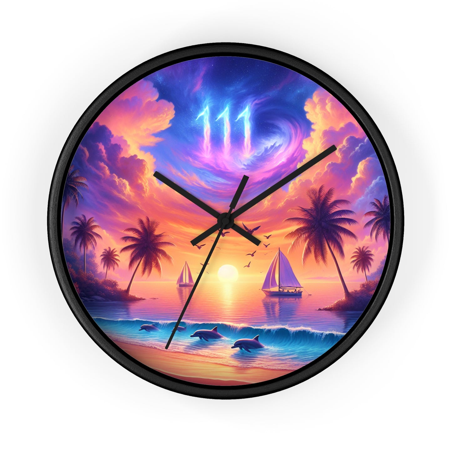 10" Wall Clock "Dolphin Serenity: A Tropical Sunset Symphony" - 1111 Tropical Beach at Sunset with Palm Trees, Dolphins, and Sailboats