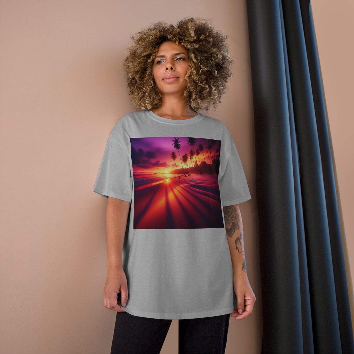 "Palms Embrace the Sun: A Tropical Twilight Symphony" - Champion Tee Tropical Beach Sunset with Palm Trees