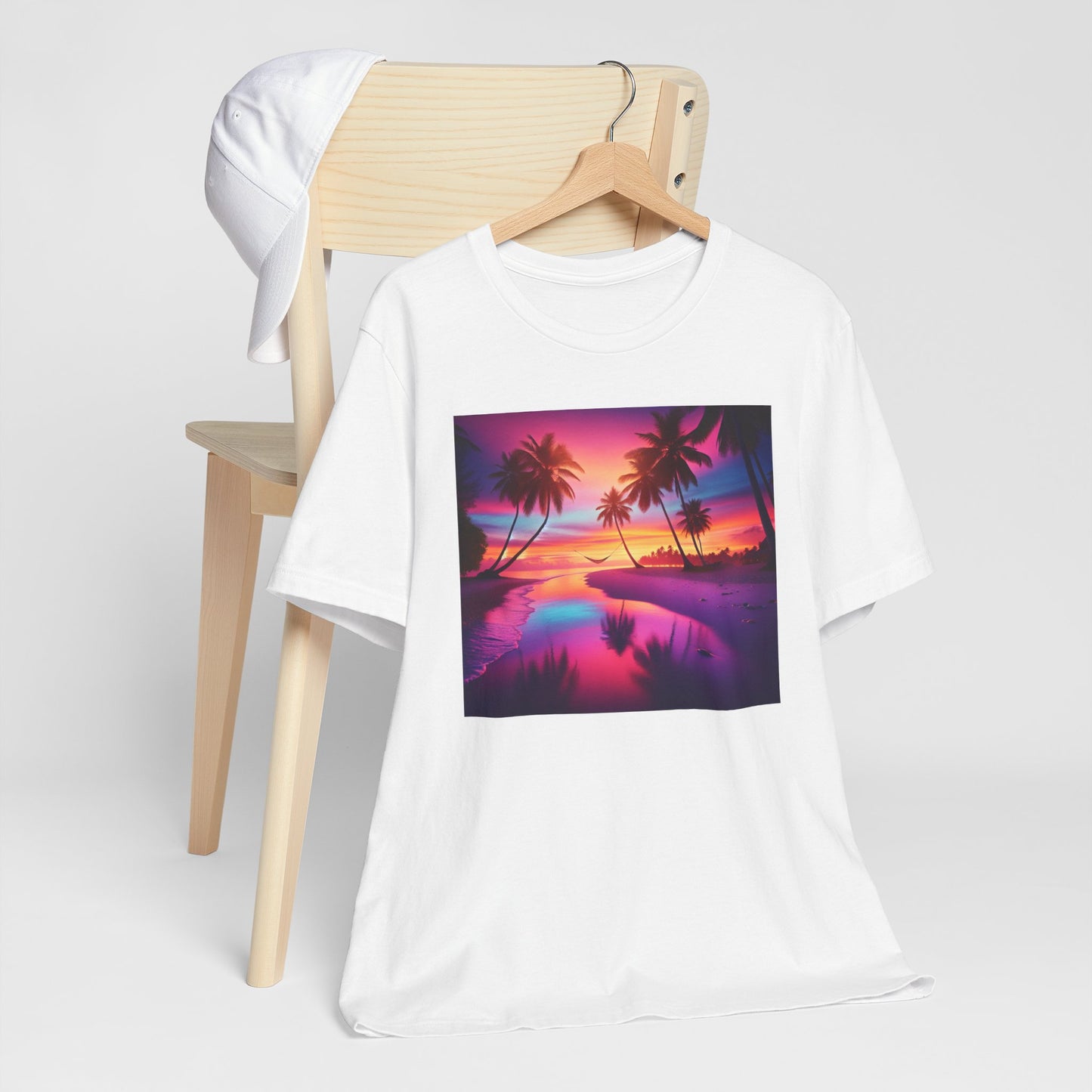 "Serenity Splash: A Tropical Twilight Masterpiece" - Tropical Beach Sunset with Palm Trees Unisex Tee