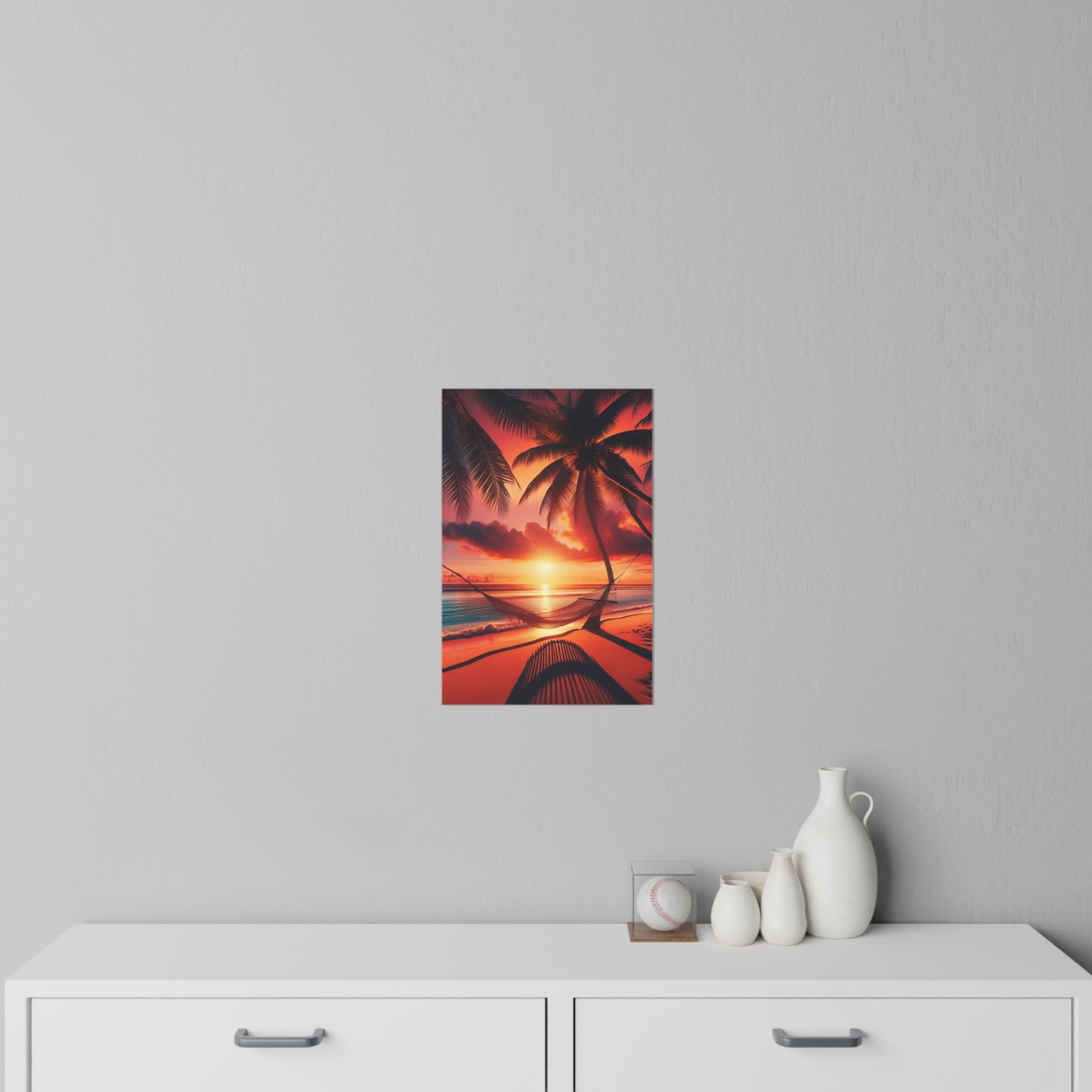"Tropical Twilight Serenity: An Ode to Palm Paradises" - Tropical Beach at Sunset Repositionanable Wall Art