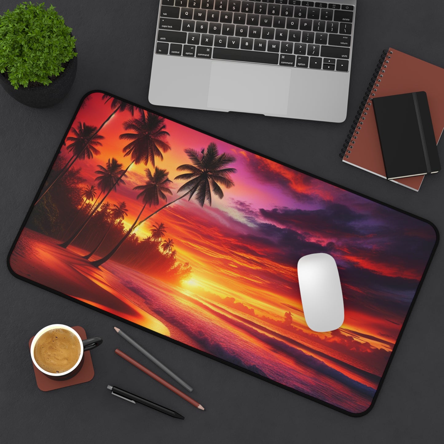 "Serenity Sands: A Tropical Twilight Symphony" - Computer Desk Mat with Vivid Tropical Beach Sunset and Palm Trees Vibes