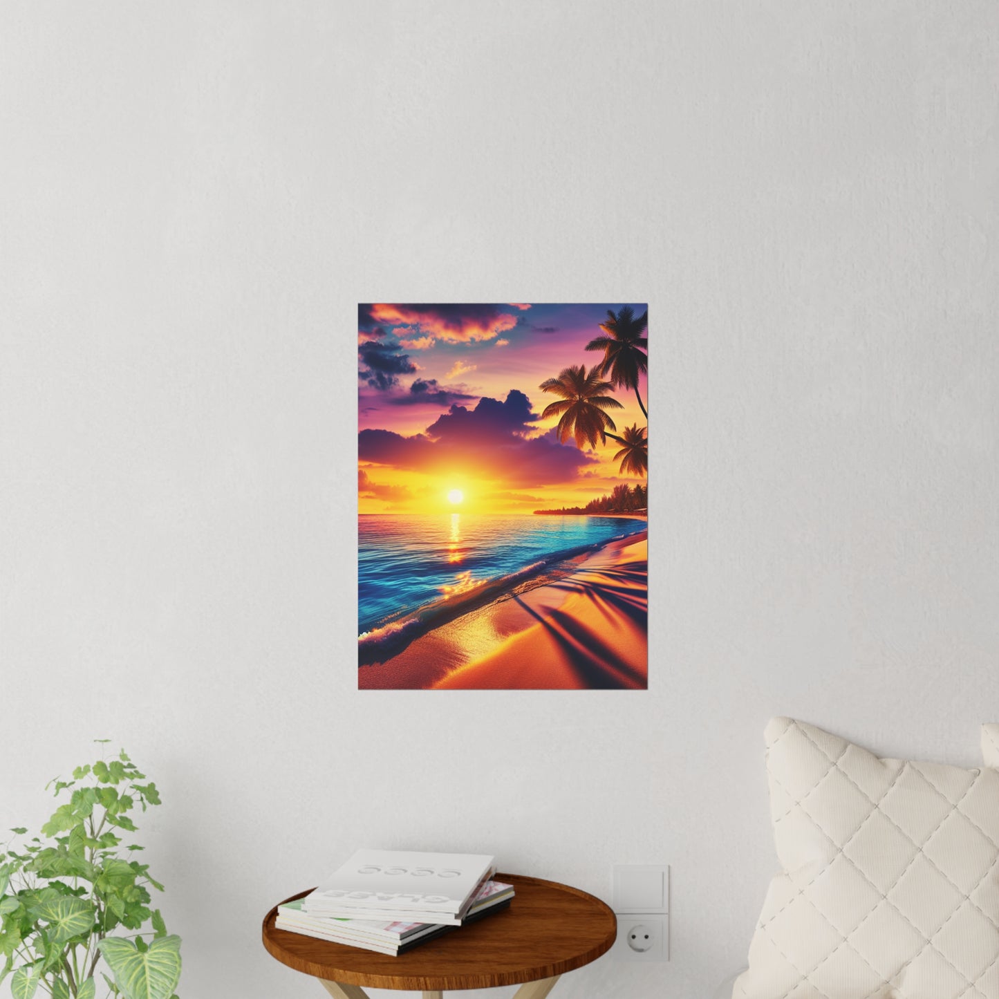 "Sunkissed Serenity: A Lush Paradise Encore" - Tropical Beach at Sunset Repositionanable Wall Art