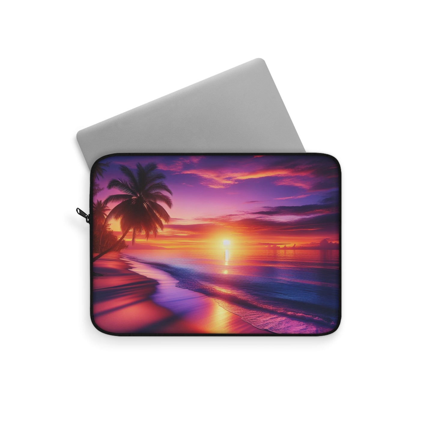 "Paradise Dusk: An Island Sunset Symphony" - Laptop Sleeve with Tropical Beach Sunset with Palm Trees Art