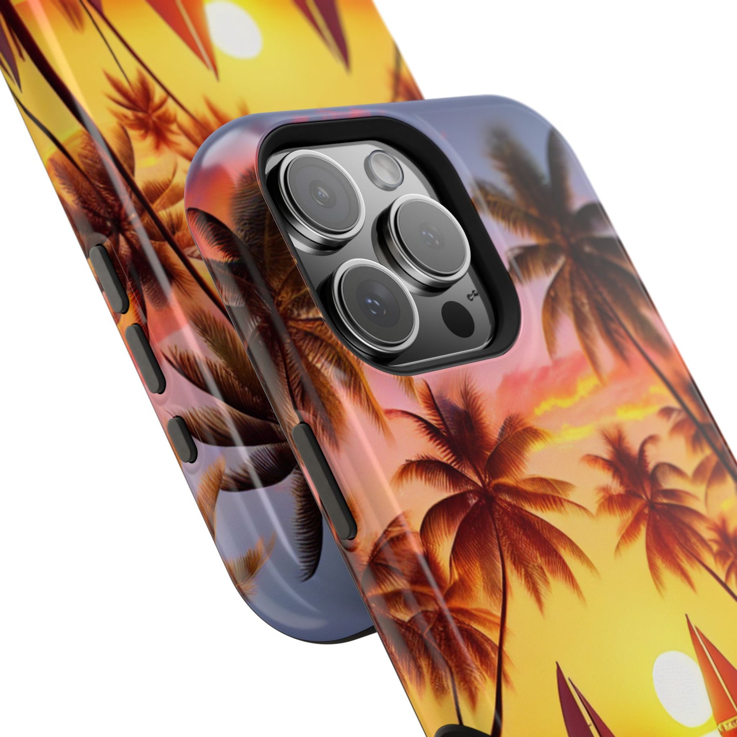 Magnetic Iphone 16 15 14 13 Pro and Max "Serenity at Sunset: A Tropical Tranquility" - Tough Phone Case with Tropical Beach Sunset Dolphins and Sailboats HD Art