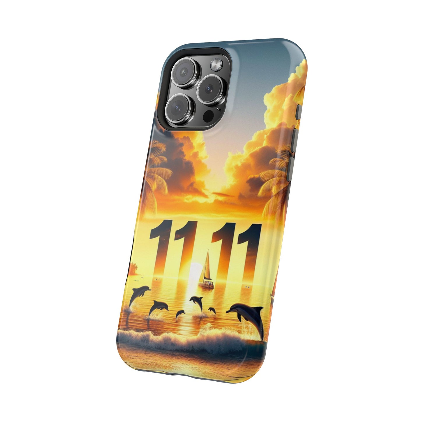 Magnetic Iphone 16 15 14 13 Pro and Max 1111 "Paradise Sunset: An Enchanted Tropical Reverie" - Tough Phone Case with Tropical Beach Sunset Dolphins ande Sailboats HD Art