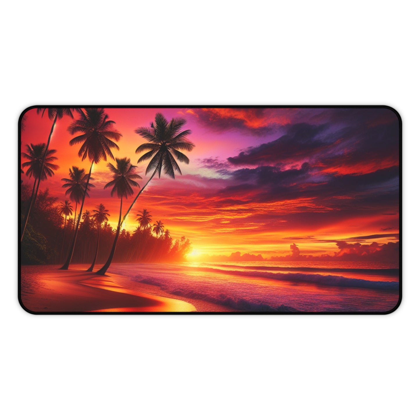 "Serenity Sands: A Tropical Twilight Symphony" - Computer Desk Mat with Vivid Tropical Beach Sunset and Palm Trees Vibes