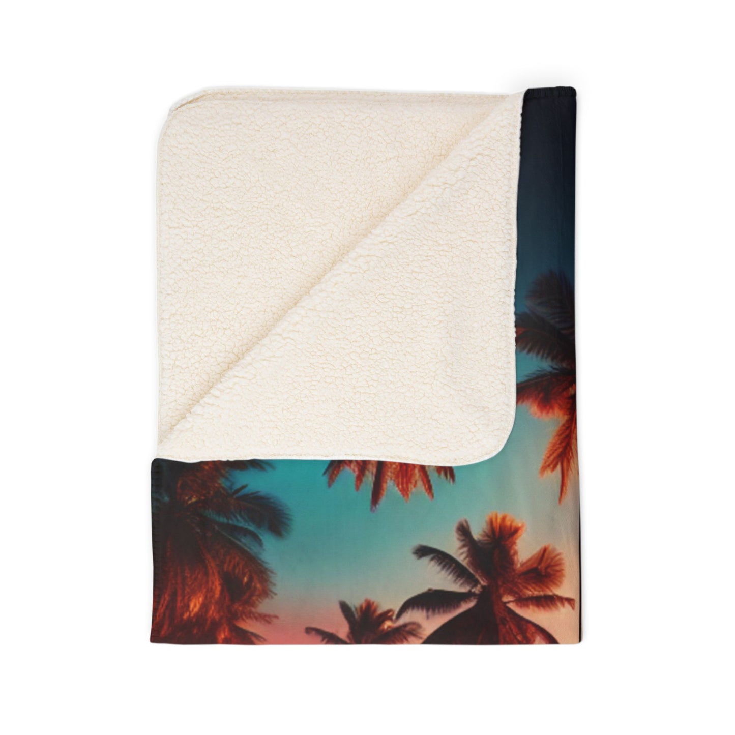 "Paradise Serenade: A Tropical Sunset Symphony" - Sherpa Fleece Blanket with Tropical Beach Sunset and Palm Trees