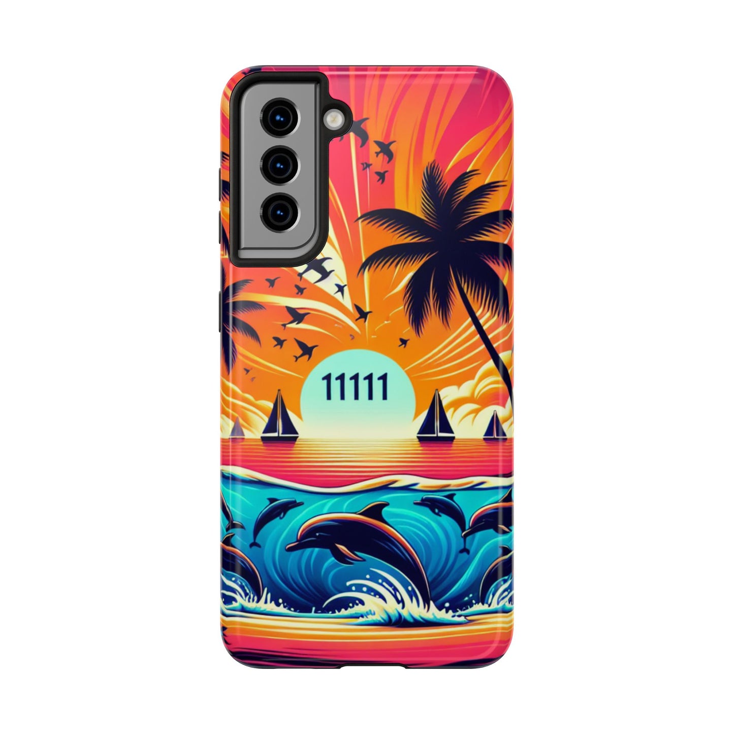 Samsung Galaxy S24 S23 S22 S21 Tough Phone Case "Paradise Serenity: Tropical Twilight" - 1111 Tropical Beach Palm Trees, Dolphins, and Sailboats Art