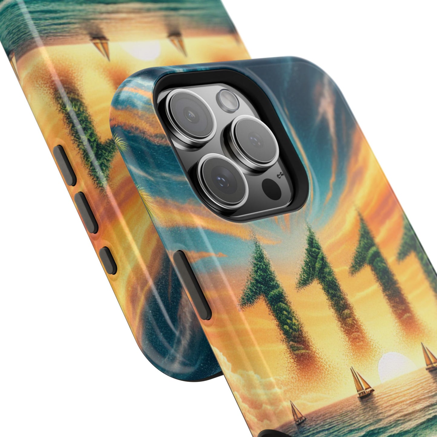 Magnetic Tough Phone case for phone 16 15 14 13 Pro Plus and Max 1111 "Paradise Lost in Dusk" - Tough Phone Case with Tropical Beach Sunset Dolphins ande Sailboats HD Art