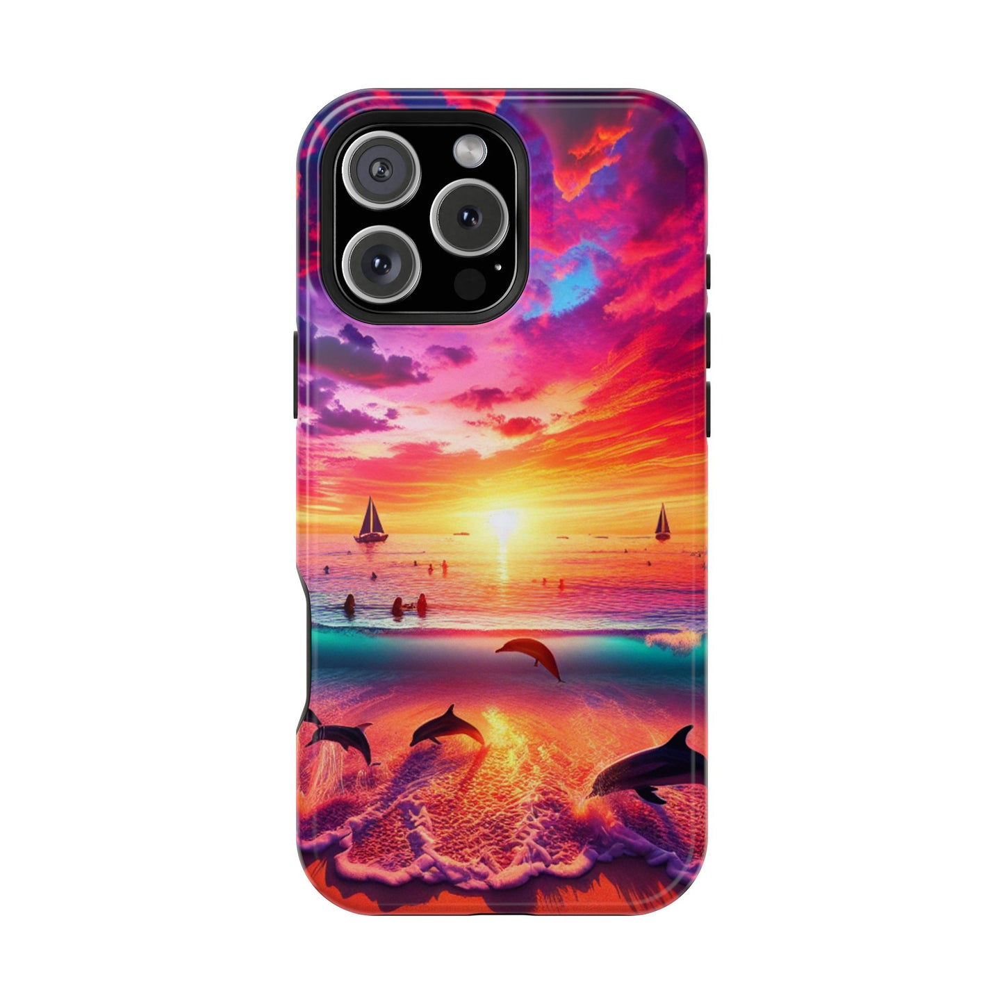 Magnetic Tough Phone case for phone 16 15 14 13 1111 "Paradise Dusk: An Enchanting Tropical Display" - Tough Phone Case with Tropical Beach Sunset Dolphins ande Sailboats HD Art