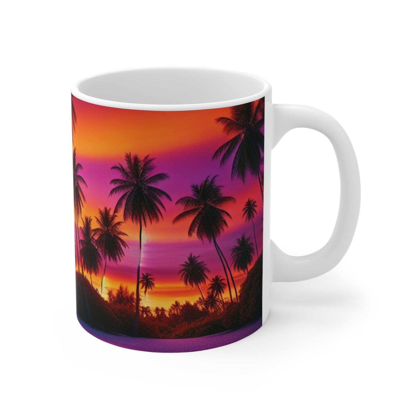 "Paradise Sunset: A Tropical Haven" - Tropical Beach Sunset with Palm Trees 11oz White Mugs