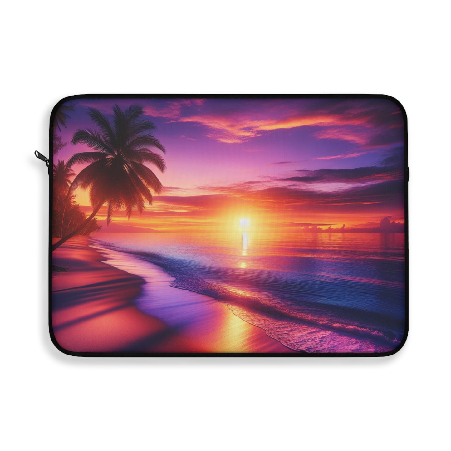 "Paradise Dusk: An Island Sunset Symphony" - Laptop Sleeve with Tropical Beach Sunset with Palm Trees Art