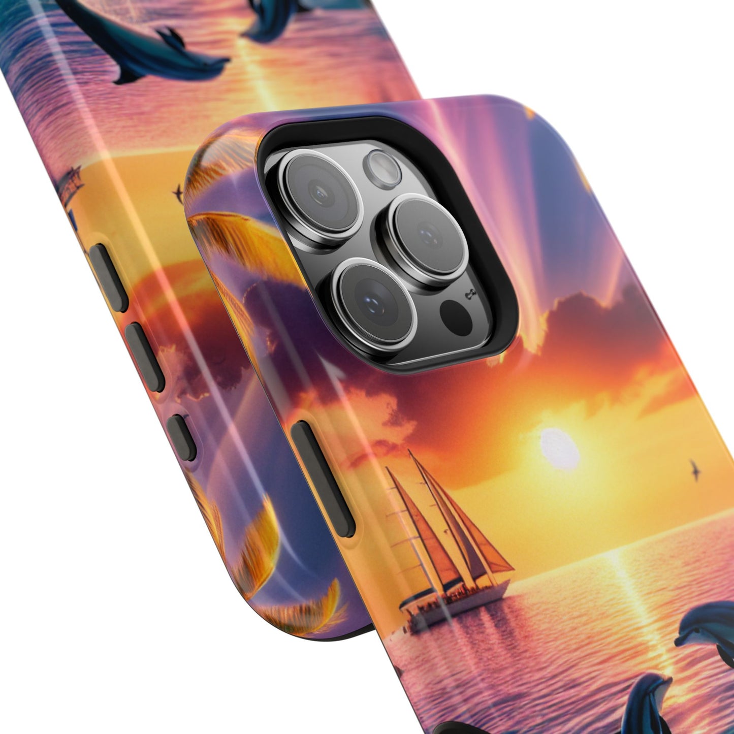 Magnetic Tough Phone case for phone 16 15 14 13 Pro Plus and Max 1111 "Sunset Serenity: A Tropical Paradise" - Tough Phone Case with Tropical Beach Sunset Dolphins ande Sailboats HD Art