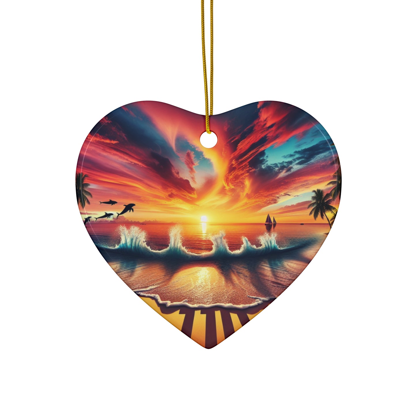 Ceramic Ornament Star, Heart, Snowflake or Circle 1111 "Paradise Embrace: Tropical Sunset Serenade" - Tropical Beach Sunset with Palm Trees, Dolphins, and Sailboats