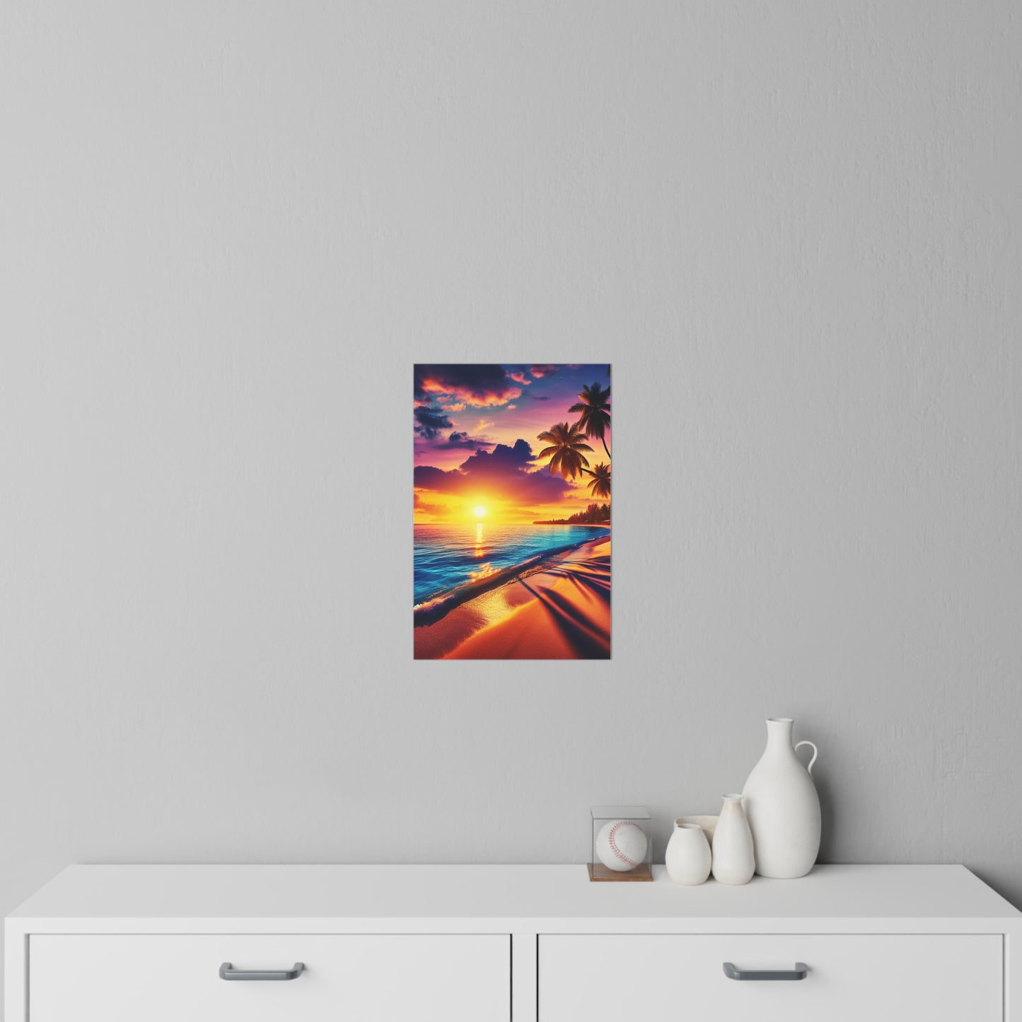 "Sunkissed Serenity: A Lush Paradise Encore" - Tropical Beach at Sunset Repositionanable Wall Art