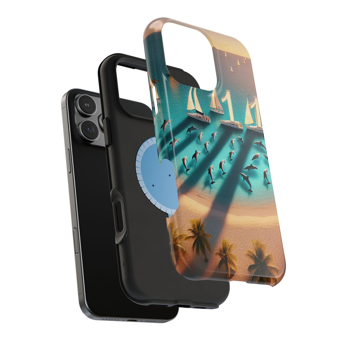 Tough Phone Case, Paradise Unveiled: A Tropical Sunset Symphony, Magnetic Iphone 13-16 Pro Plus and Max 1111, Beach Dolphins Sailboats, HD