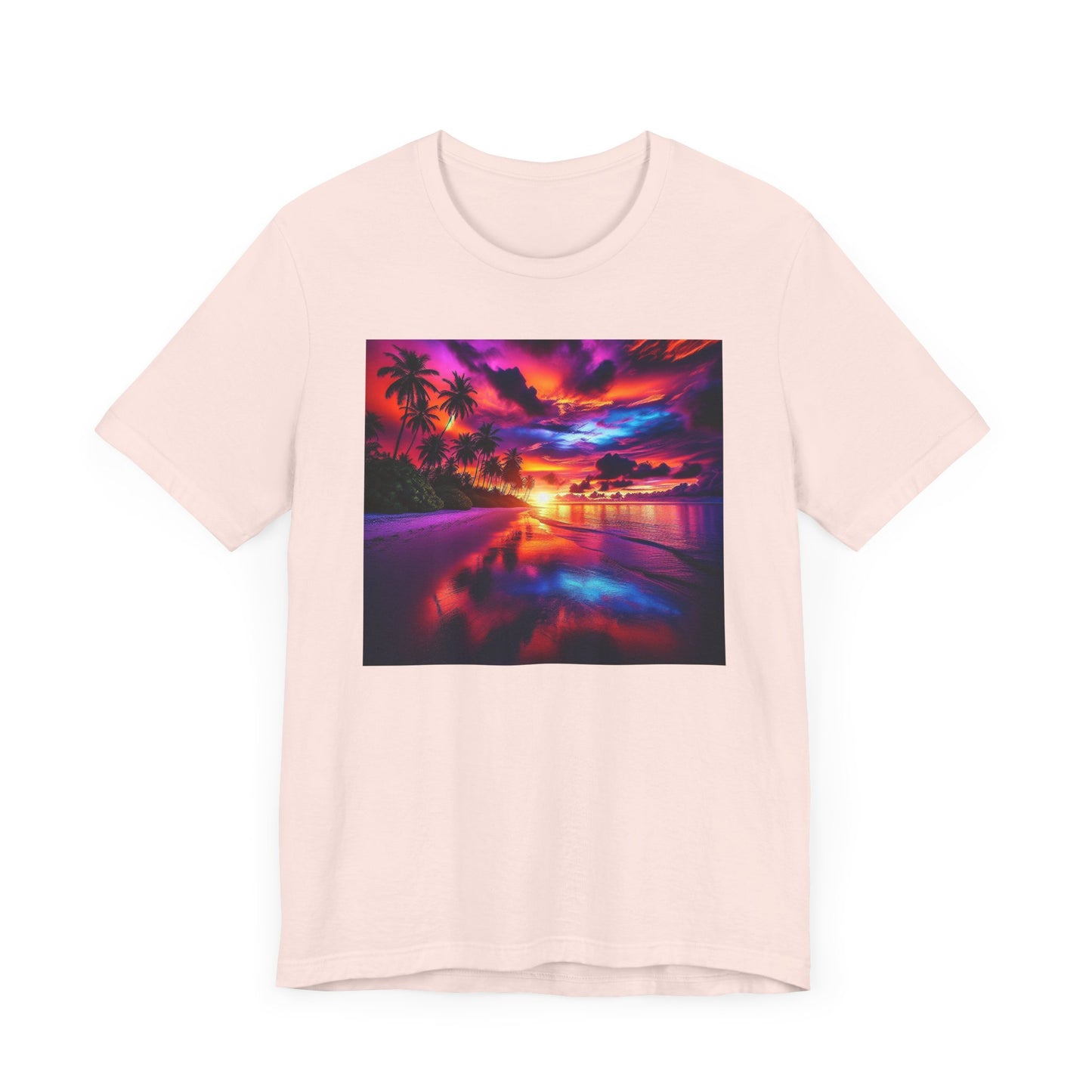 "Paradise Serenity: A Tropical Sunset Symphony" - Tropical Beach Sunset with Palm Trees Unisex Jersey Tee