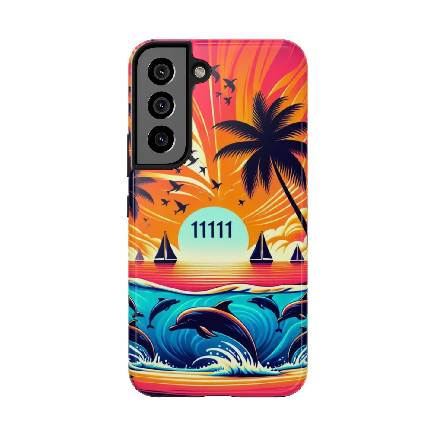 Samsung Galaxy S24 S23 S22 S21 Tough Phone Case "Paradise Serenity: Tropical Twilight" - 1111 Tropical Beach Palm Trees, Dolphins, and Sailboats Art