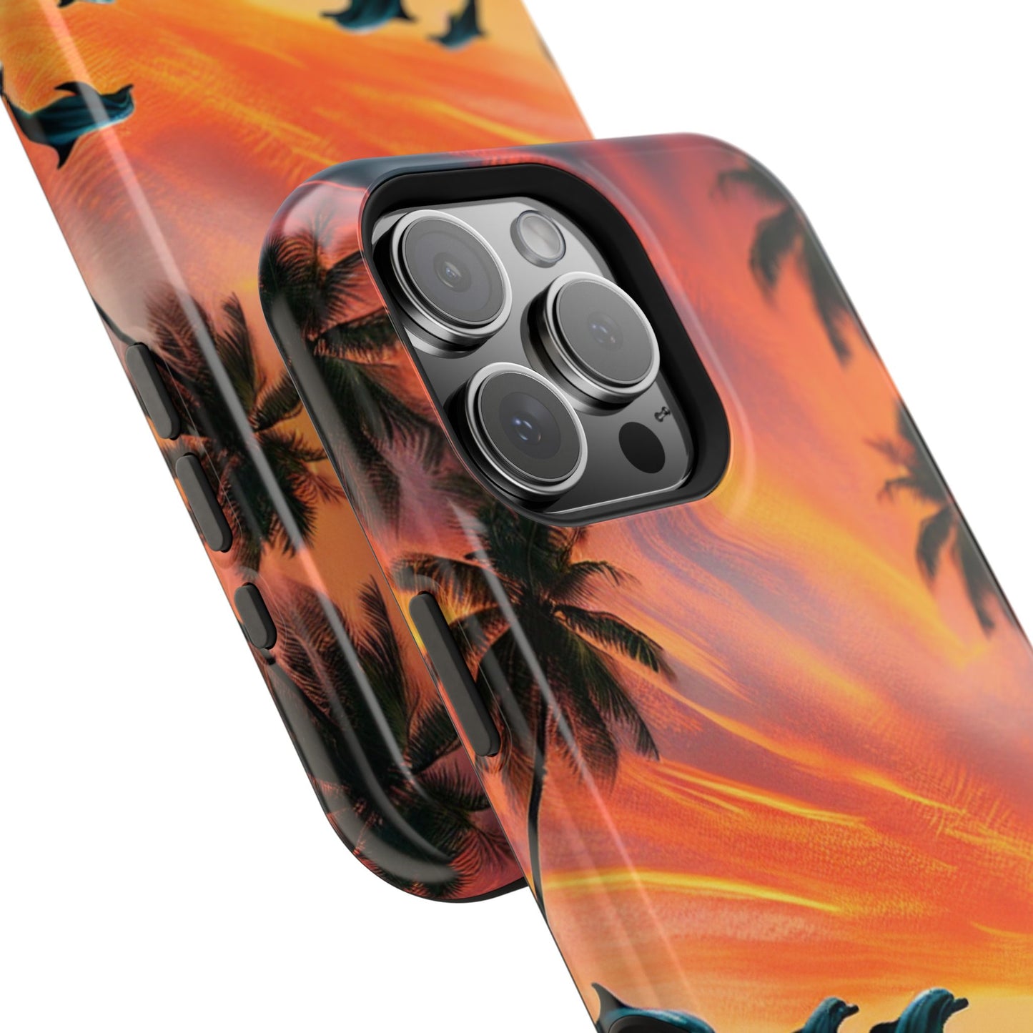 Magnetic Tough Phone case for phone 16 15 14 13 Pro Plus and Max 11111 "Tropical Serenity: Sundown Symphony" - Tough Phone Case with Tropical Beach Sunset Dolphins ande Sailboats HD Art