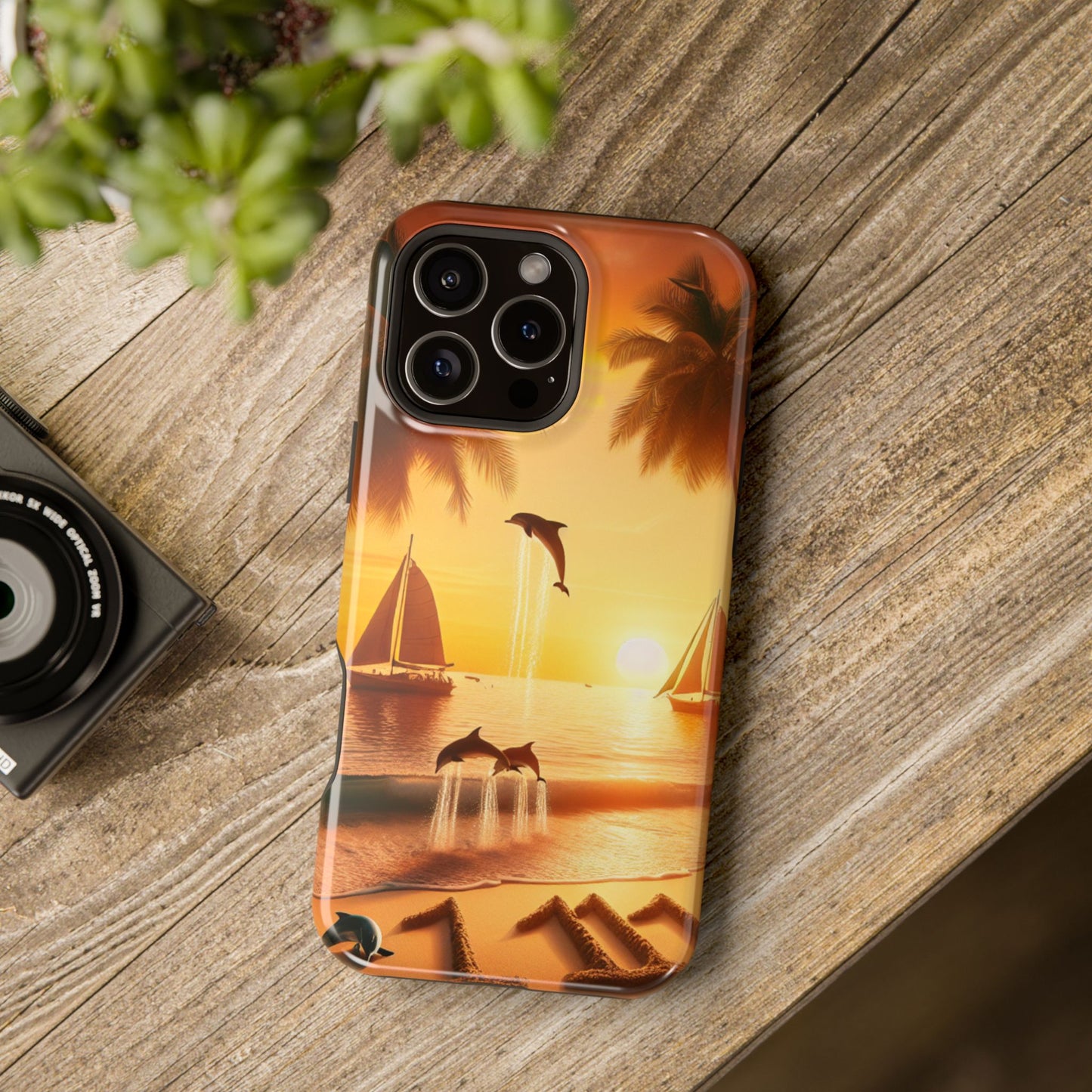 Magnetic Tough Phone case for phone 16 15 14 13 Pro Plus and Max 1111 "Sundrenched Palms: A Tropical Twilight Masterpiece" - Tough Phone Case with Tropical Beach Sunset Dolphins ande Sailboats HD Art