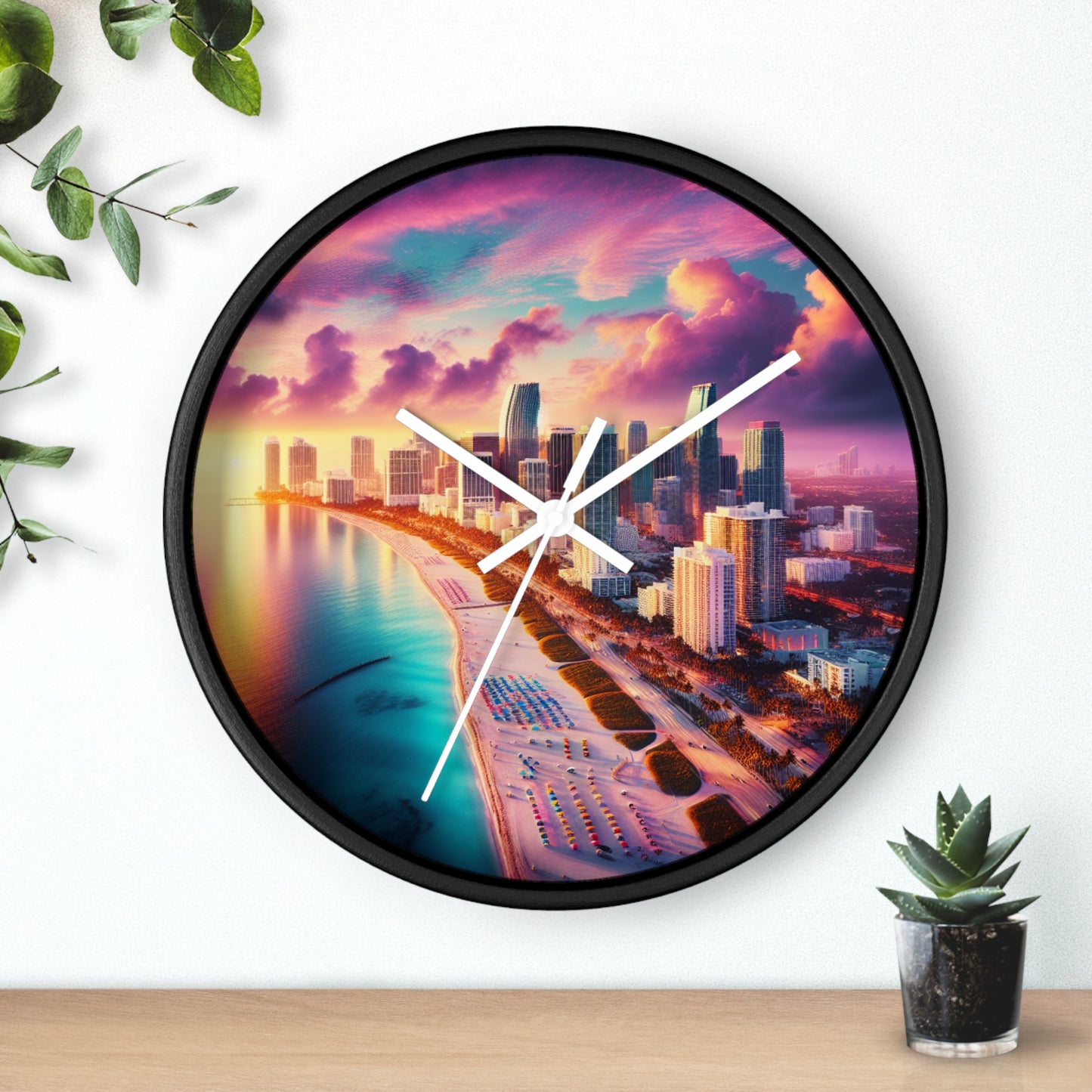 Miami Beach Skyline at Pastel Sunset Wall Art Clock