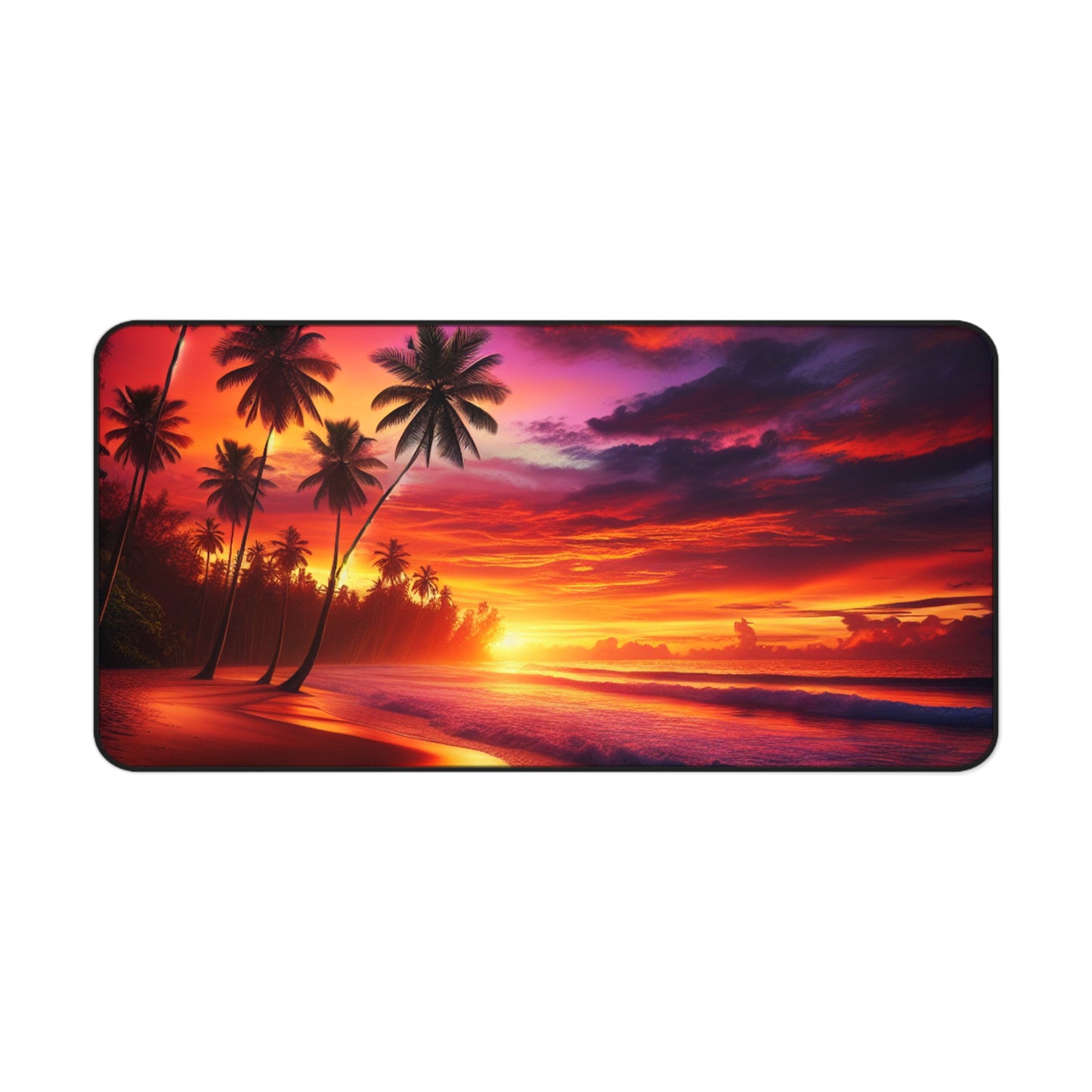 "Serenity Sands: A Tropical Twilight Symphony" - Computer Desk Mat with Vivid Tropical Beach Sunset and Palm Trees Vibes