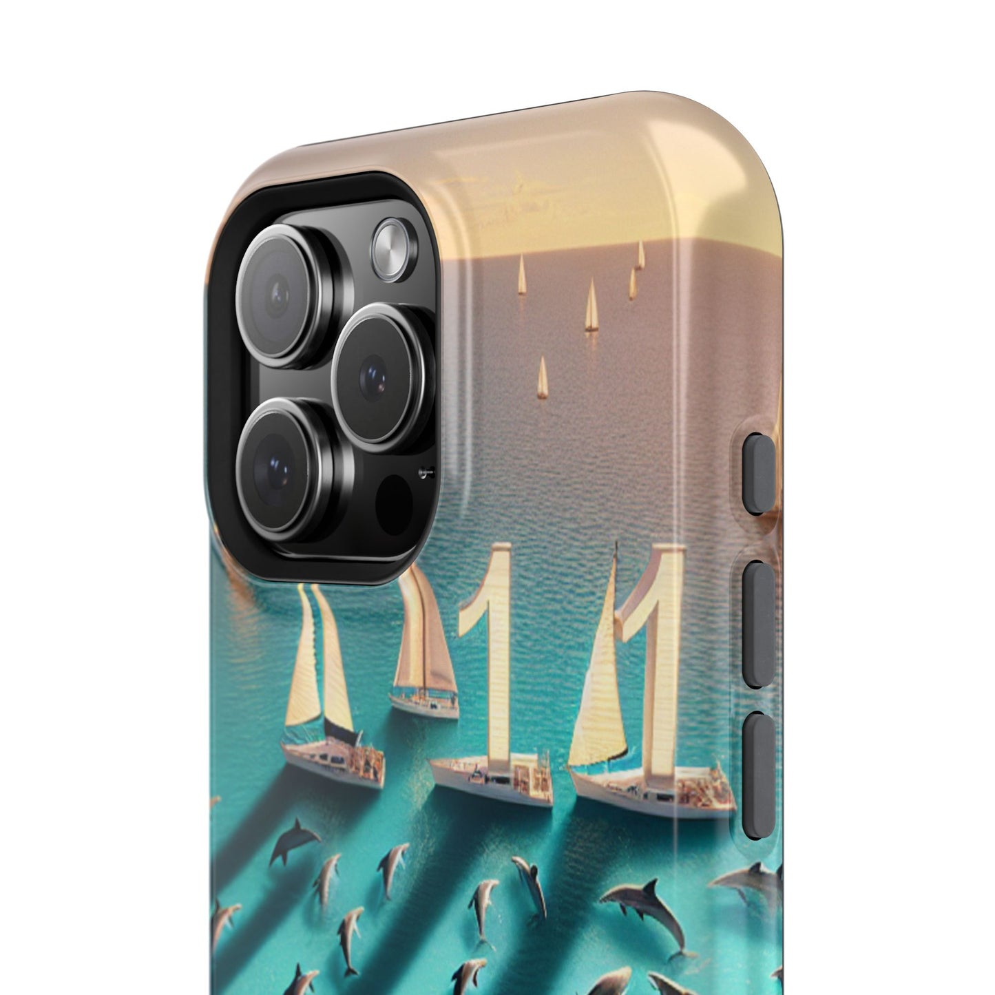 Tough Phone Case, Paradise Unveiled: A Tropical Sunset Symphony, Magnetic Iphone 13-16 Pro Plus and Max 1111, Beach Dolphins Sailboats, HD