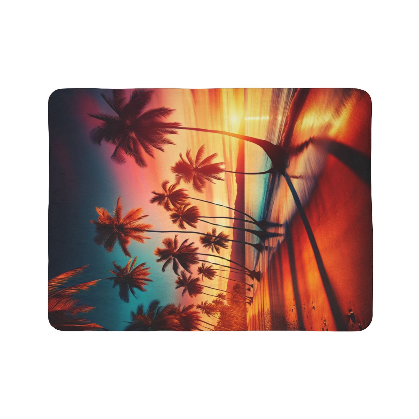 "Paradise Serenade: A Tropical Sunset Symphony" - Sherpa Fleece Blanket with Tropical Beach Sunset and Palm Trees