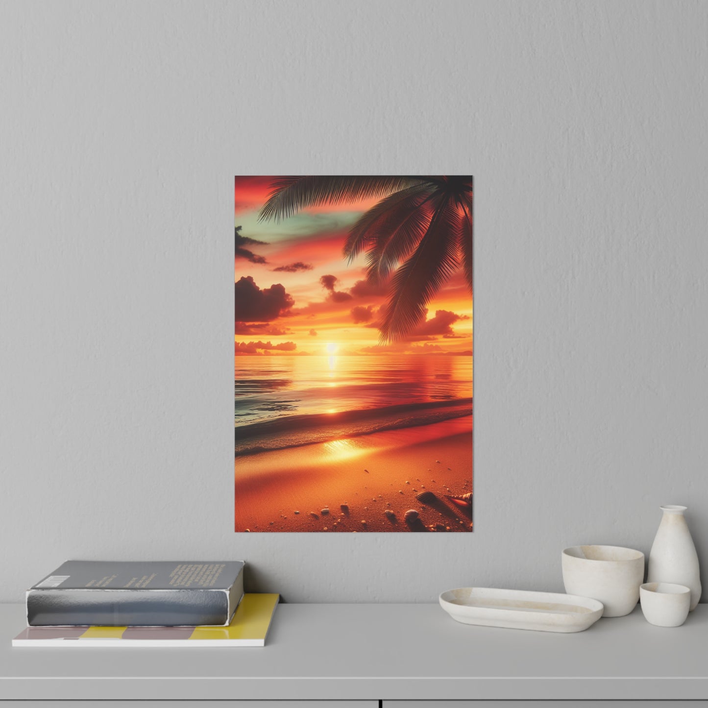 "Paradise Kissed: A Tropical Twilight Symphony" - Tropical Beach at Sunset Repositionanable Wall Art