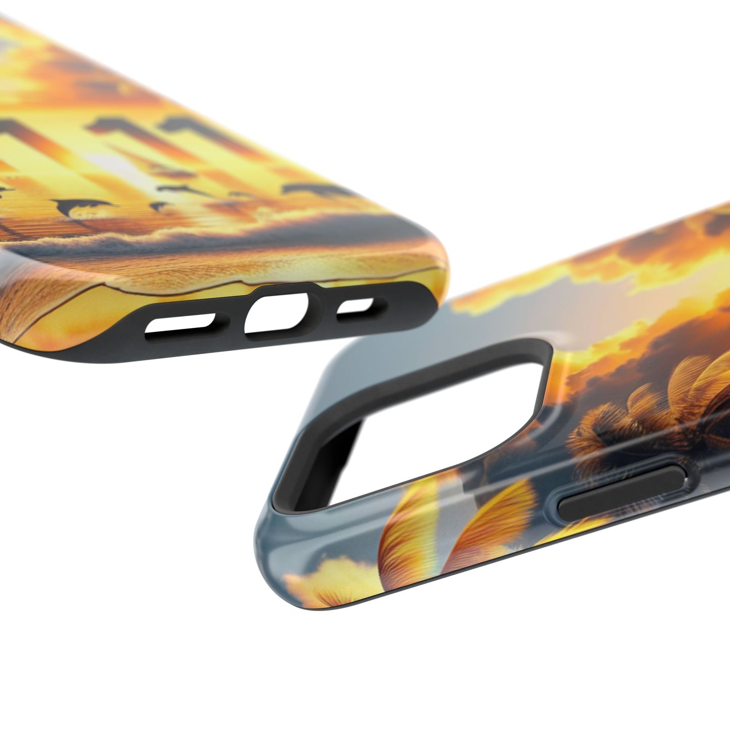 Magnetic Iphone 16 15 14 13 Pro and Max 1111 "Paradise Sunset: An Enchanted Tropical Reverie" - Tough Phone Case with Tropical Beach Sunset Dolphins ande Sailboats HD Art