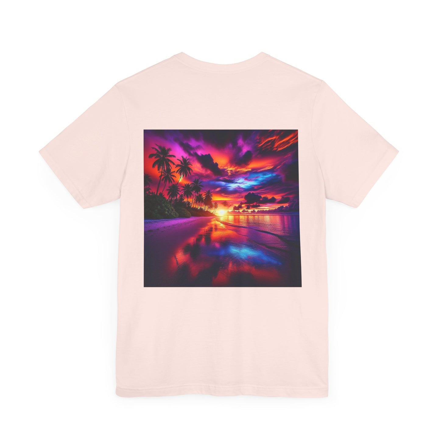 "Paradise Serenity: A Tropical Sunset Symphony" - Tropical Beach Sunset with Palm Trees Unisex Jersey Tee