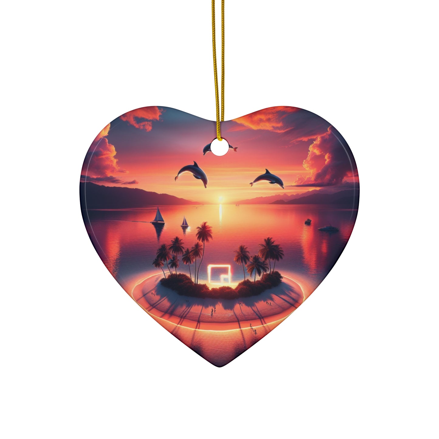 Ceramic Ornament Star, Heart, Snowflake or Circle 1111 "Paradise Twilight: A Journey Into Tropical Serenity" - Tropical Beach Sunset with Palm Trees, Dolphins, and Sailboats