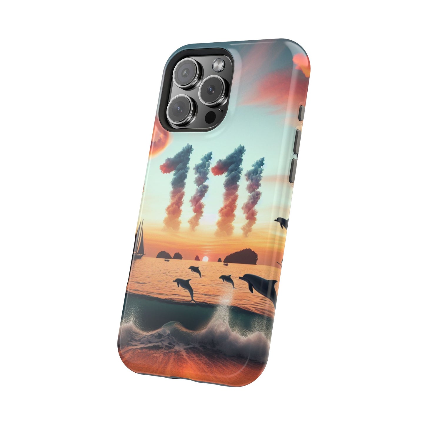 Magnetic Iphone 16 15 14 13 Pro and Max Angel number 1111 in the clouds "Sundrenched Serenity: A Tropical Twilight Symphony" - Tough Phone Case with Tropical Beach Sunset Dolphins ande Sailboats HD Art