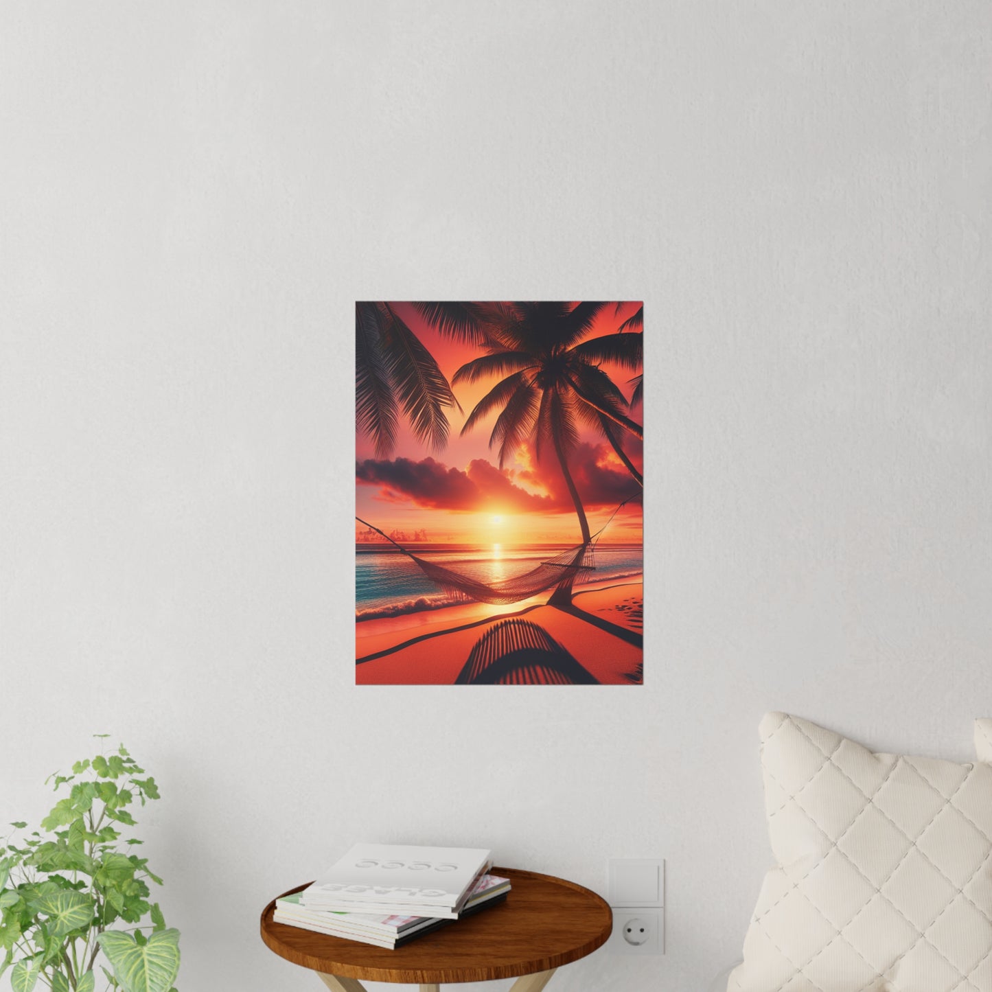 "Tropical Twilight Serenity: An Ode to Palm Paradises" - Tropical Beach at Sunset Repositionanable Wall Art
