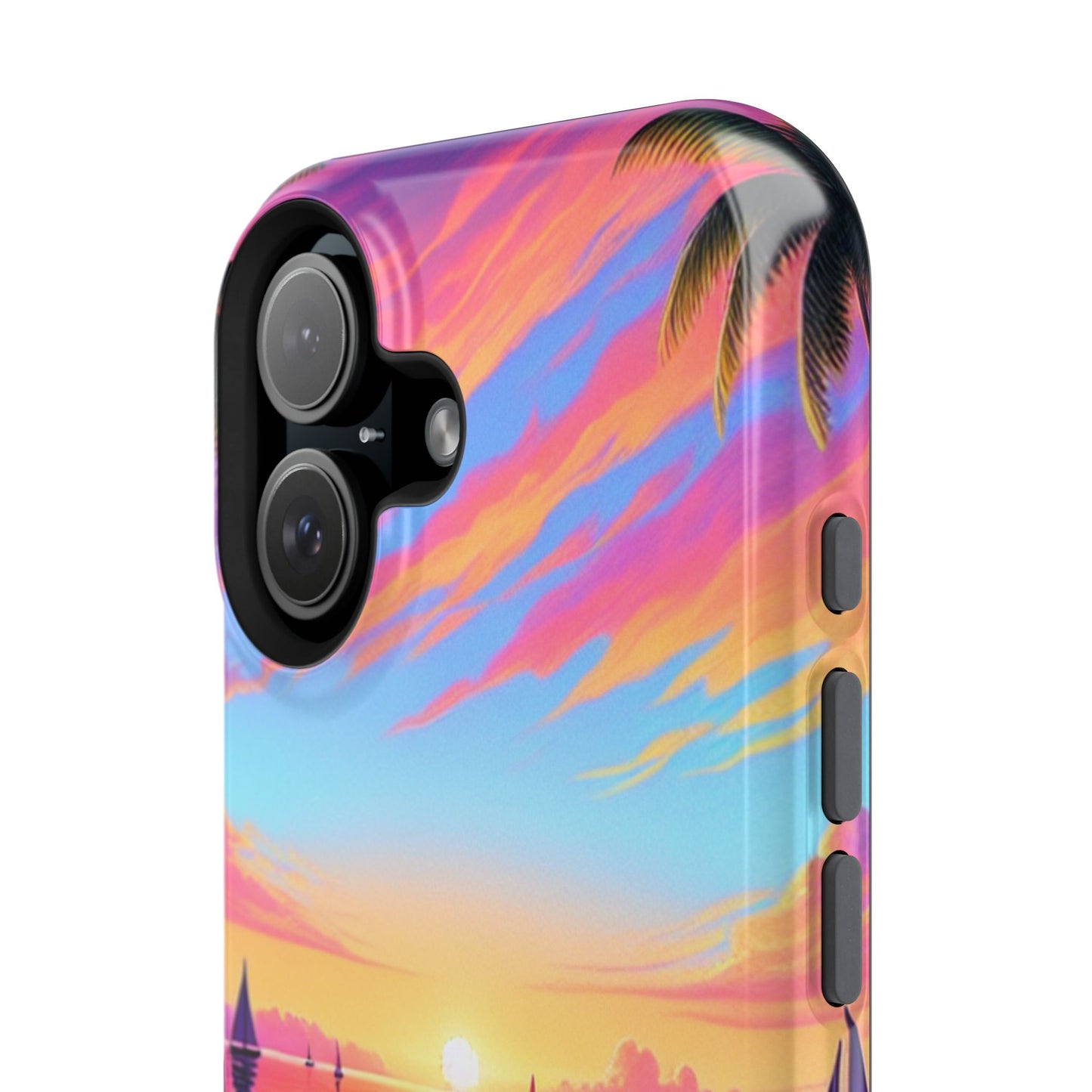Magnetic Tough Phone case for phone 16 15 14 13 Pro Plus and Max 1111 "Paradise Serenity: A Tropical Twilight Symphony" - Tough Phone Case with Tropical Beach Sunset Dolphins ande Sailboats HD Art
