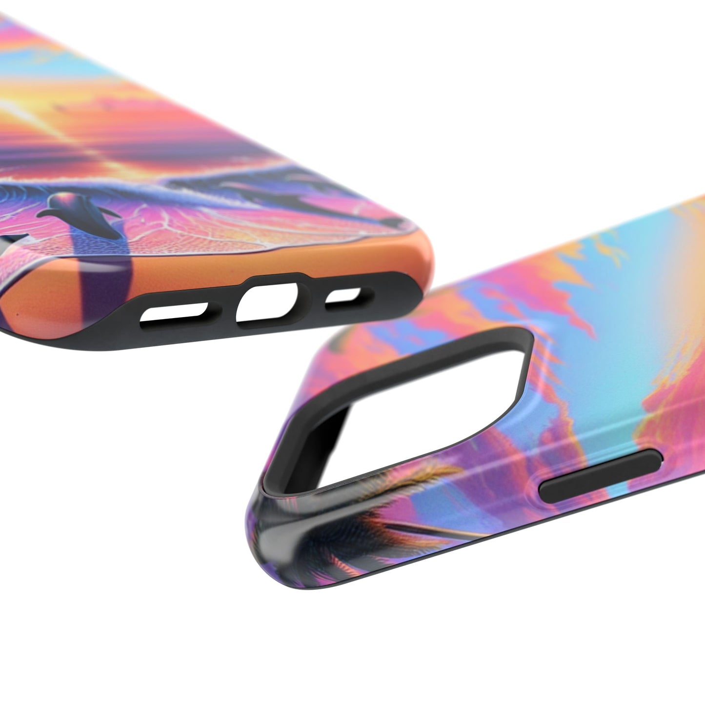 Magnetic Tough Phone case for phone 16 15 14 13 Pro Plus and Max 1111 "Paradise Serenity: A Tropical Twilight Symphony" - Tough Phone Case with Tropical Beach Sunset Dolphins ande Sailboats HD Art