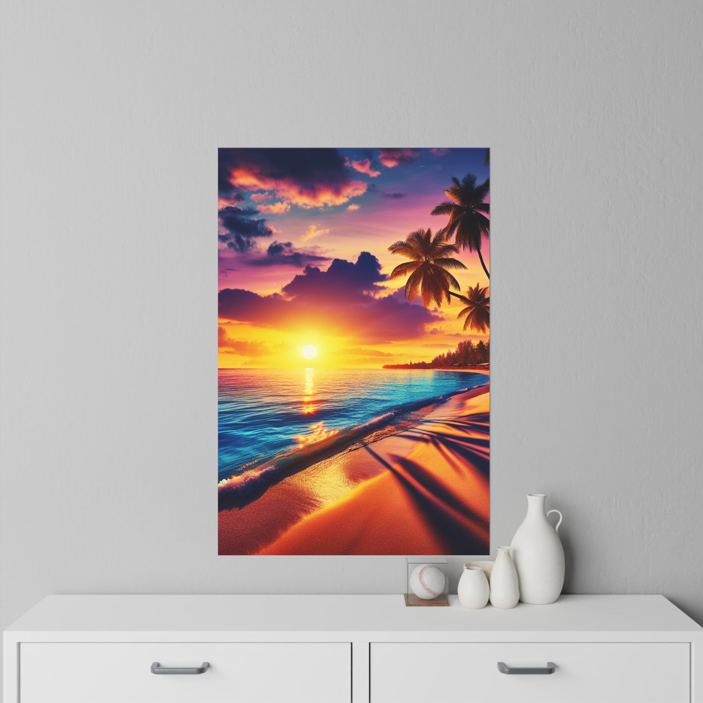 "Sunkissed Serenity: A Lush Paradise Encore" - Tropical Beach at Sunset Repositionanable Wall Art