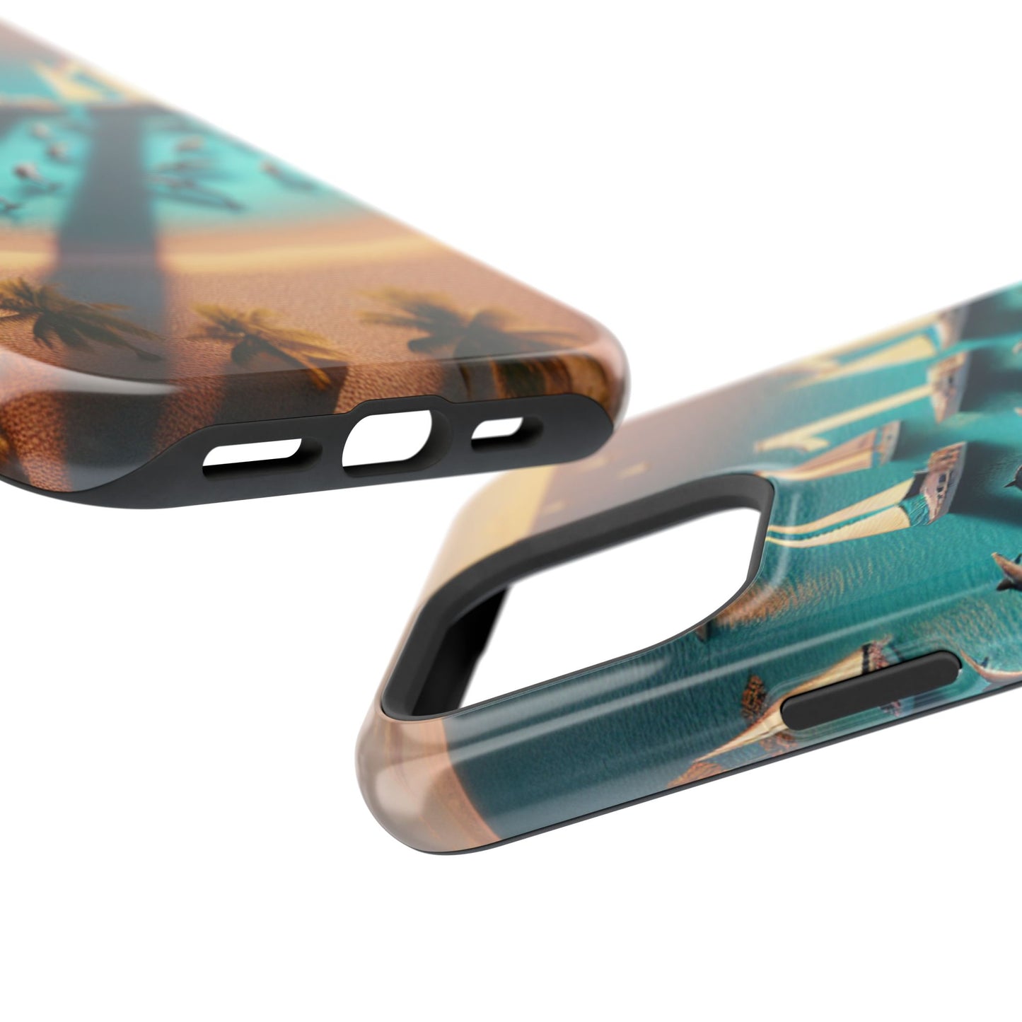 Tough Phone Case, Paradise Unveiled: A Tropical Sunset Symphony, Magnetic Iphone 13-16 Pro Plus and Max 1111, Beach Dolphins Sailboats, HD