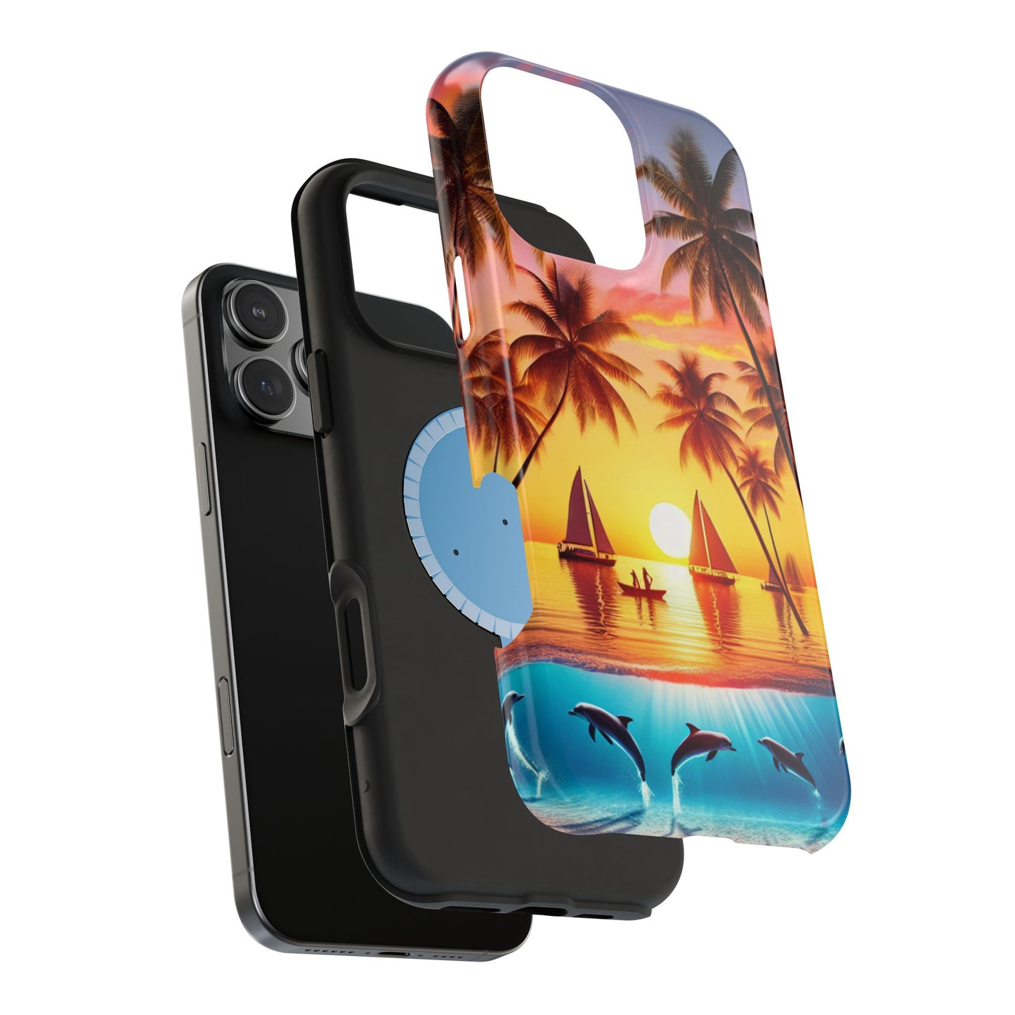Magnetic Iphone 16 15 14 13 Pro and Max "Serenity at Sunset: A Tropical Tranquility" - Tough Phone Case with Tropical Beach Sunset Dolphins and Sailboats HD Art