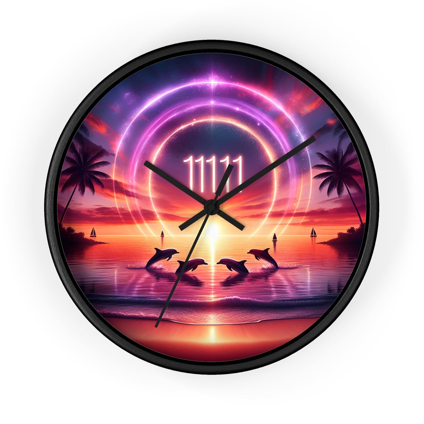 10" Wall Clock "Dolphin Dusk: A Tropical Tranquility Masterpiece" - 1111 Tropical Beach at Sunset with Palm Trees, Dolphins, and Sailboats