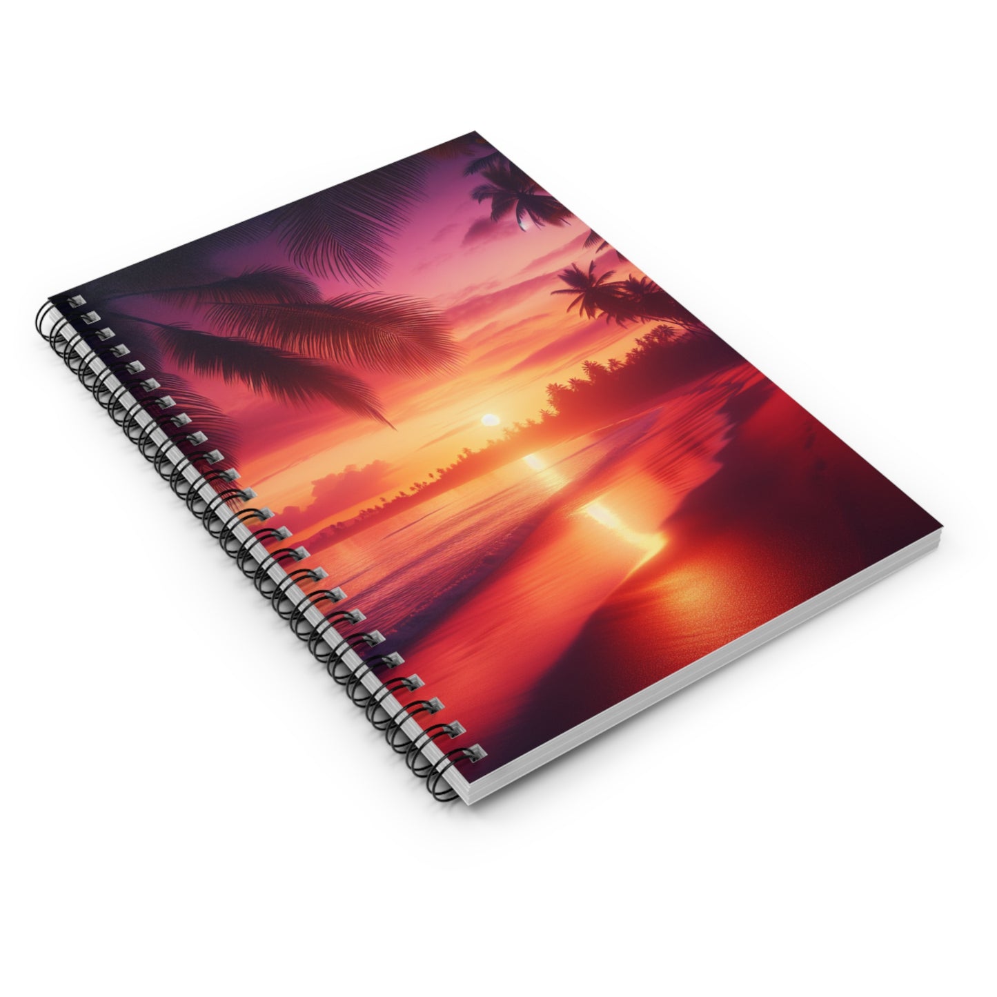 "Tropical Tranquility: Sundown by the Palms" - Spiral Notebook with Ruled Lines and Tropical Beach Sunset Palm Trees Art