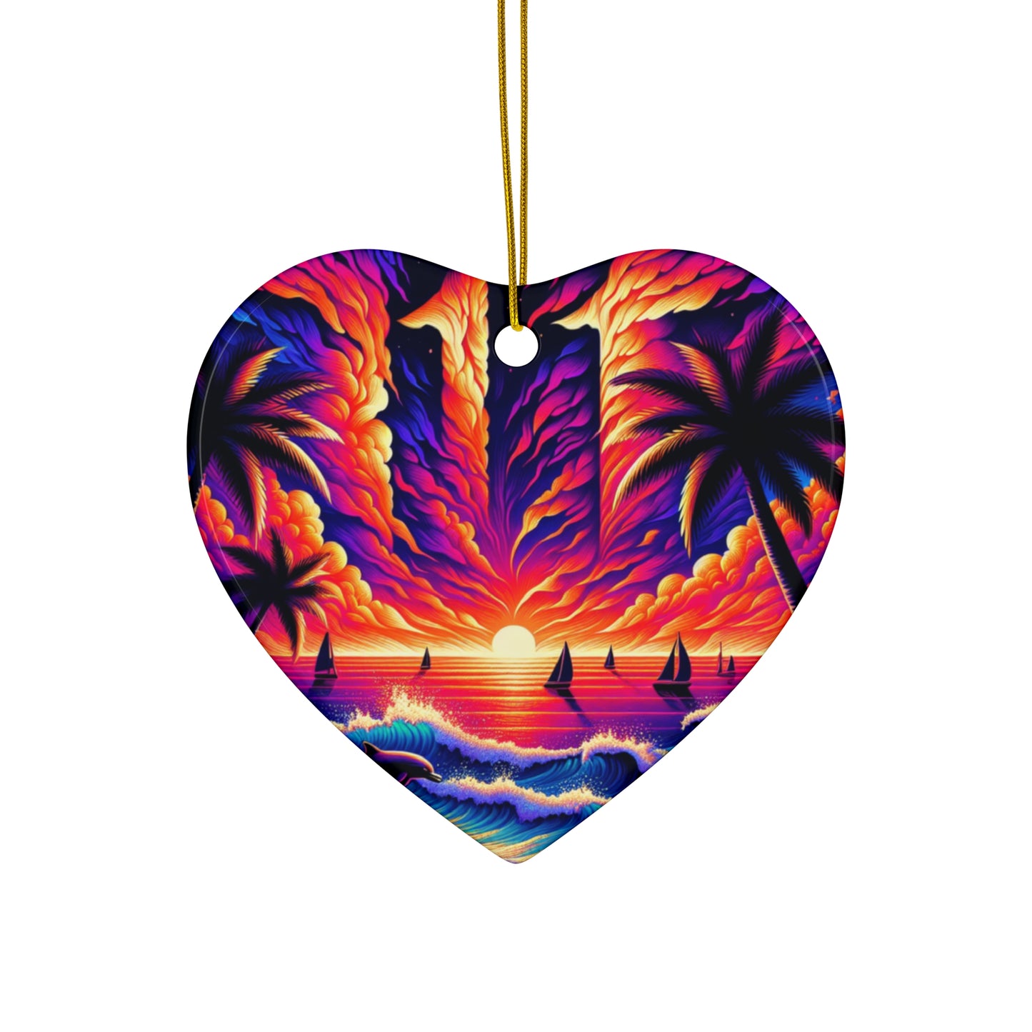 Ceramic Ornament Star, Heart, Snowflake or Circle 1111 "Paradise Serenade: Tropical Twilight Symphony" - Tropical Beach Sunset with Palm Trees, Dolphins, and Sailboats