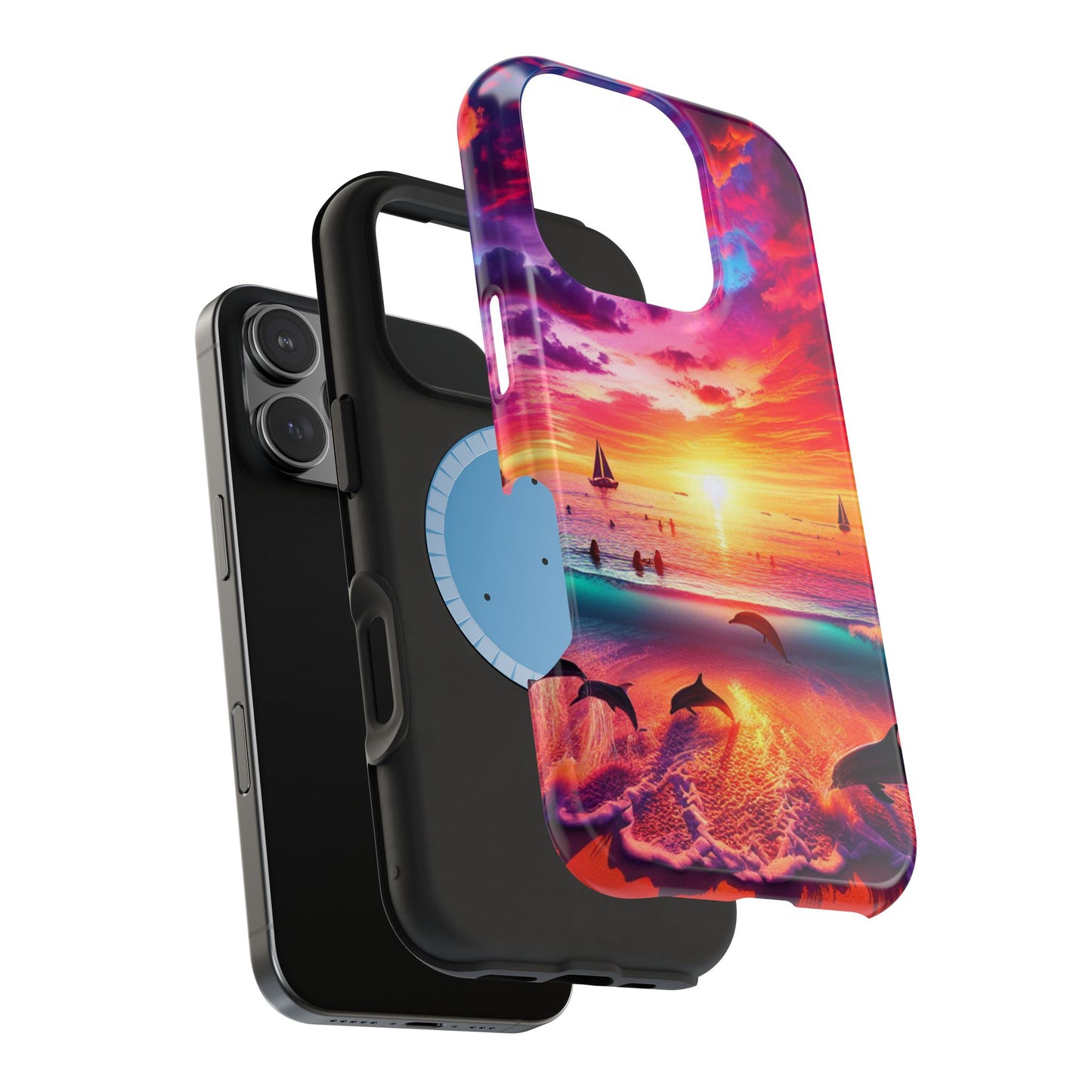 Magnetic Tough Phone case for phone 16 15 14 13 1111 "Paradise Dusk: An Enchanting Tropical Display" - Tough Phone Case with Tropical Beach Sunset Dolphins ande Sailboats HD Art