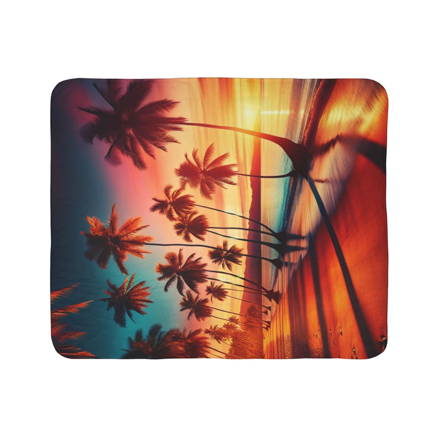 "Paradise Serenade: A Tropical Sunset Symphony" - Sherpa Fleece Blanket with Tropical Beach Sunset and Palm Trees