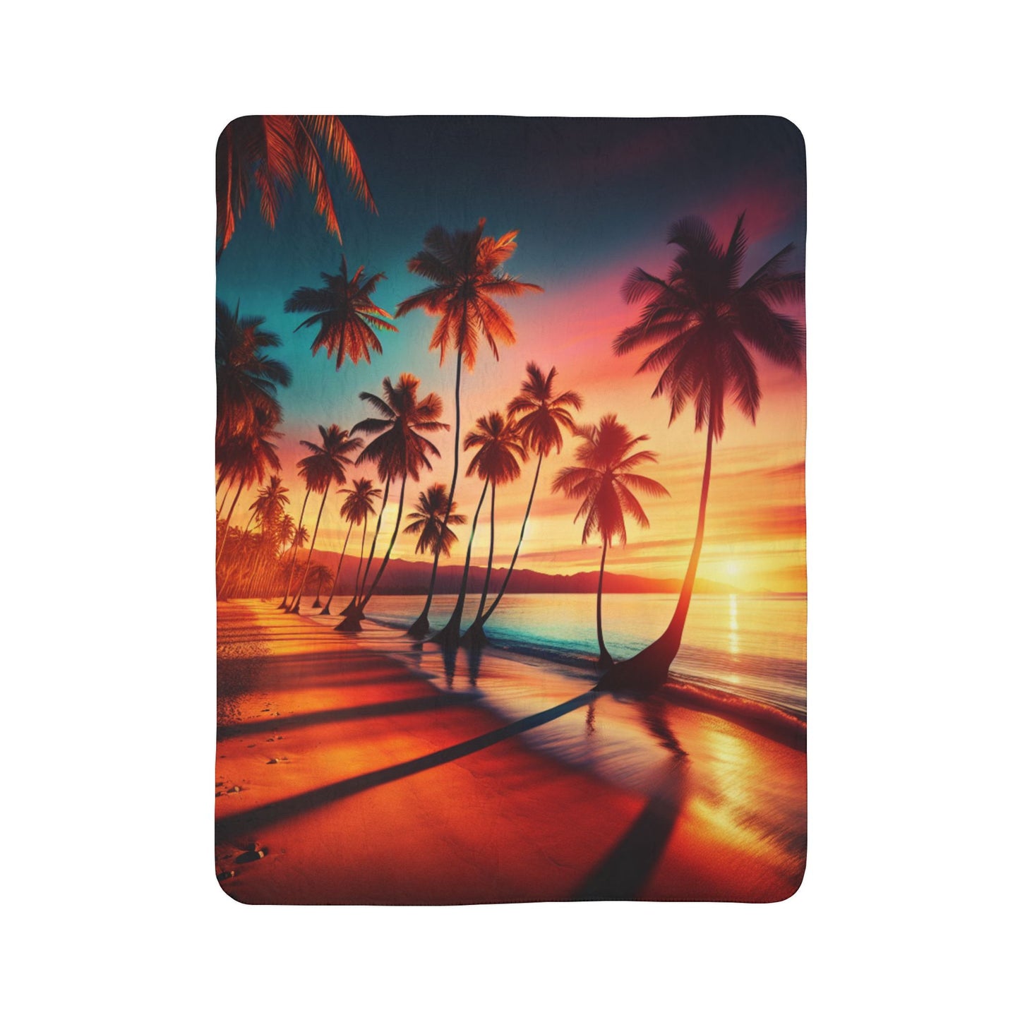 "Paradise Serenade: A Tropical Sunset Symphony" - Sherpa Fleece Blanket with Tropical Beach Sunset and Palm Trees