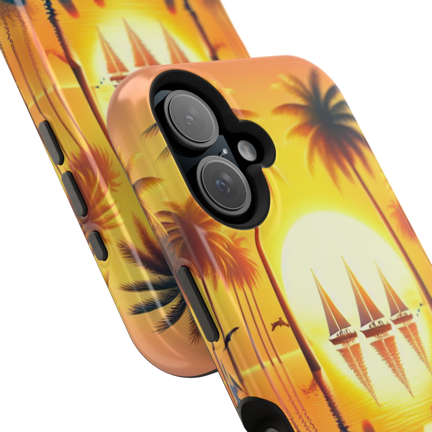 Magnetic Tough Phone case for phone 16 15 14 13 Pro Plus and Max 1111 "Sundrenched Serenity: A Tropical Twilight Masterpiece" - Tough Phone Case with Tropical Beach Sunset Dolphins ande Sailboats HD Art